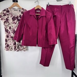 Kate Hill Pant Suit Women Petite 4P/8P Pink 100% Silk Lined Blazer Pants